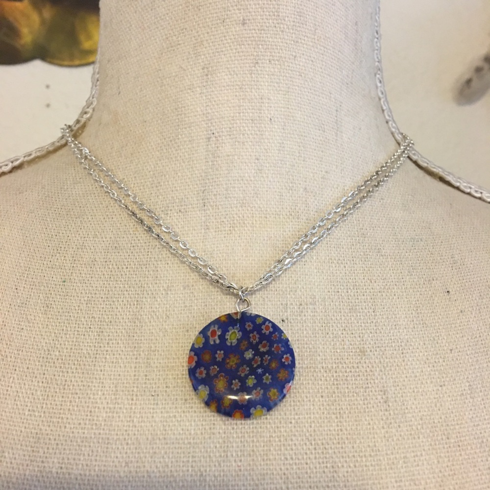 Floral glass pendant double strand necklace